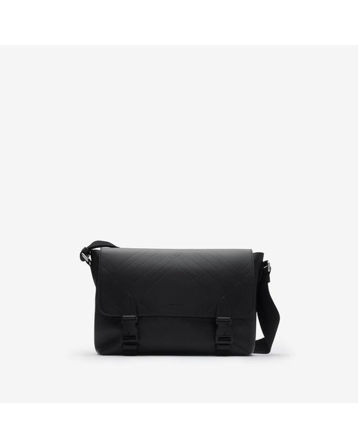 Burberry Black Embossed Check Buckled Messenger Bag for men
