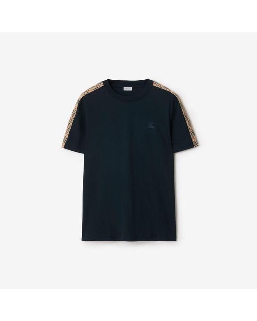 Burberry Blue Check Trim Cotton T-Shirt for men