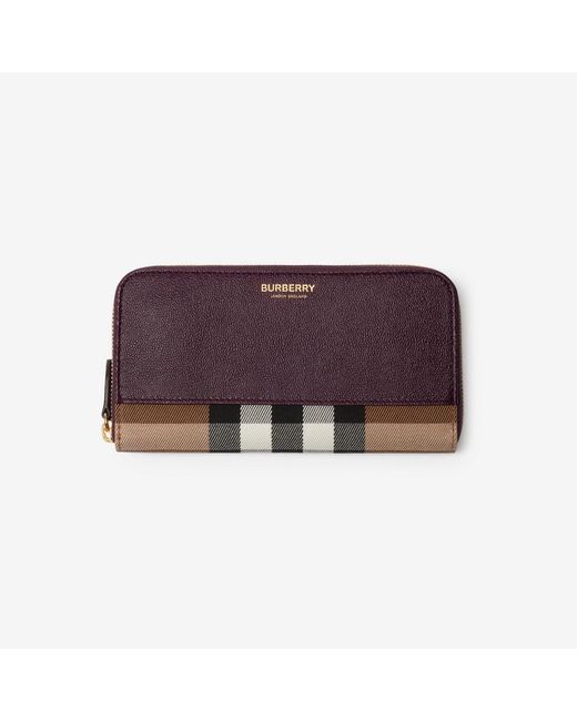 Burberry Purple Large Check And Leather Zip Wallet