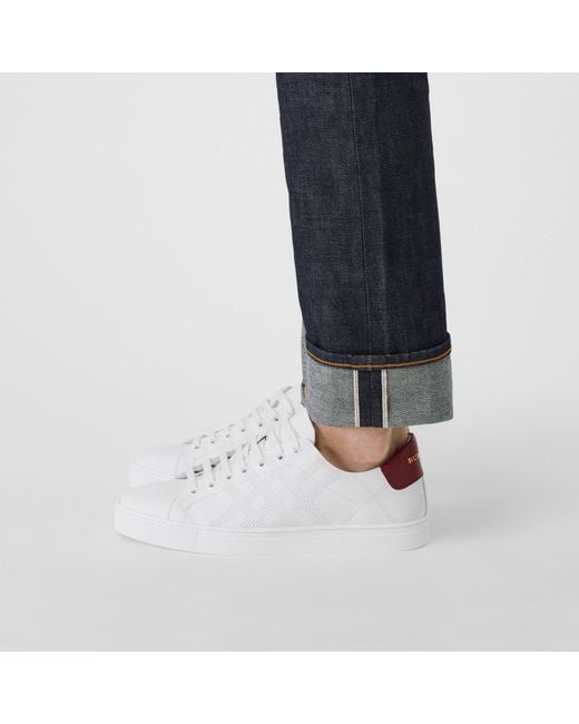 Burberry Perforated Check Leather Trainers In Optic White for