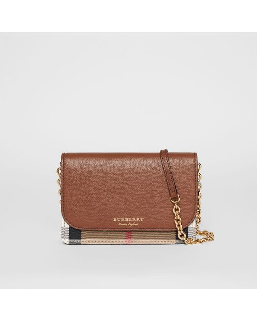 Burberry Brown Leather And House Check Wallet With Detachable Strap