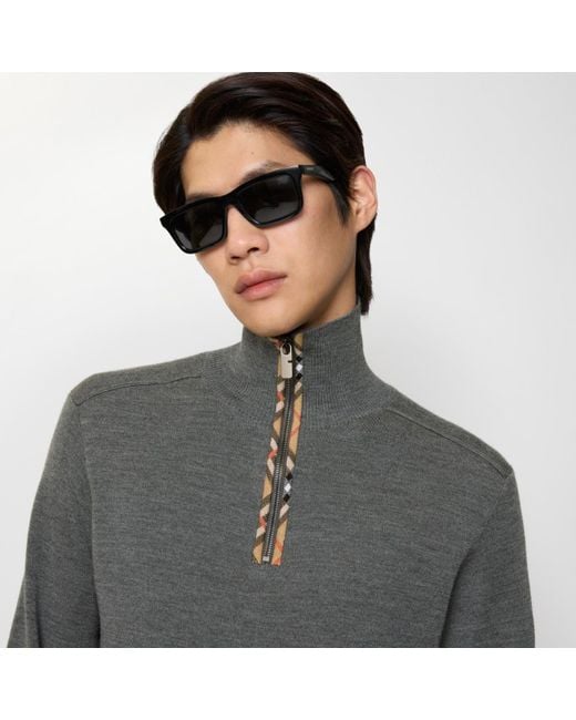 Burberry Gray Check Trim Wool Half-Zip Sweater for men