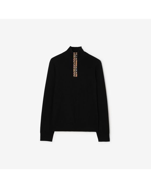Burberry Black Check Trim Wool Half-Zip Sweater for men
