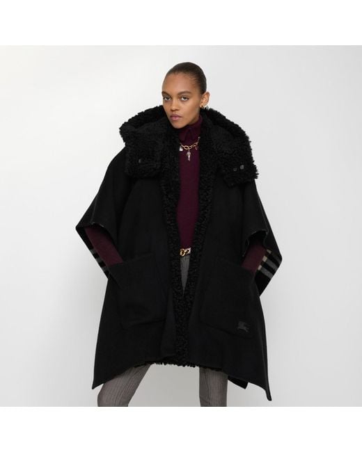 Burberry Black Reversible Shearling Trim Check Cashmere Cape
