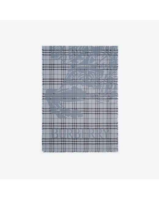 Burberry Blue Wide Knight Check Wool Silk Scarf