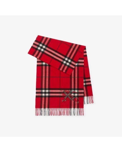 Burberry Red Wide Cross Stitch Knight Check Cashmere Scarf