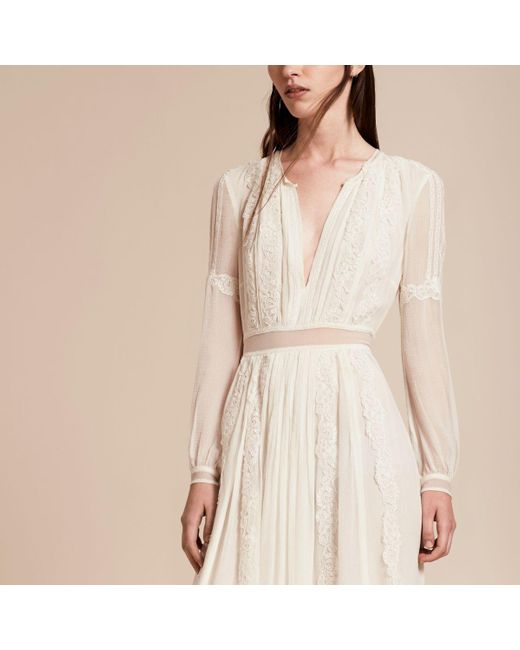 Burberry Lace Detail Silk Crepon Floor-length Dress in Natural | Lyst
