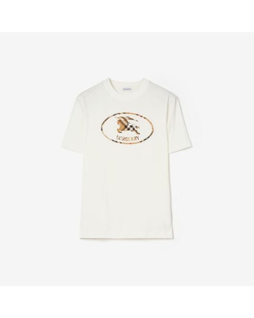 Burberry White Check Knight Stamp Cotton T-Shirt for men
