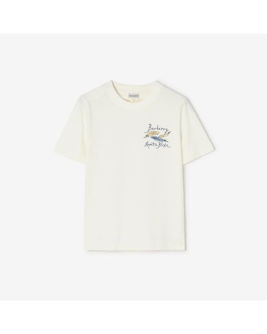 Burberry White Feather Print Cotton T-Shirt