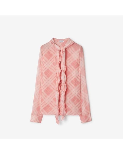 Burberry Pink Ruffled Check Silk Blouse