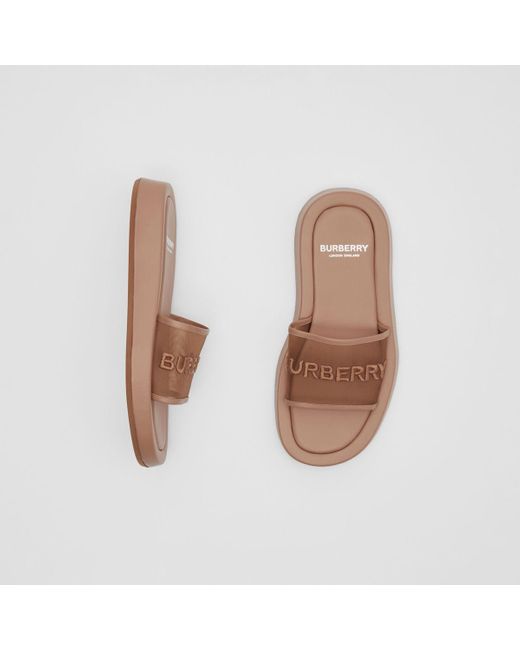 Burberry Embroidered Logo Mesh And Leather Slides in Natural | Lyst