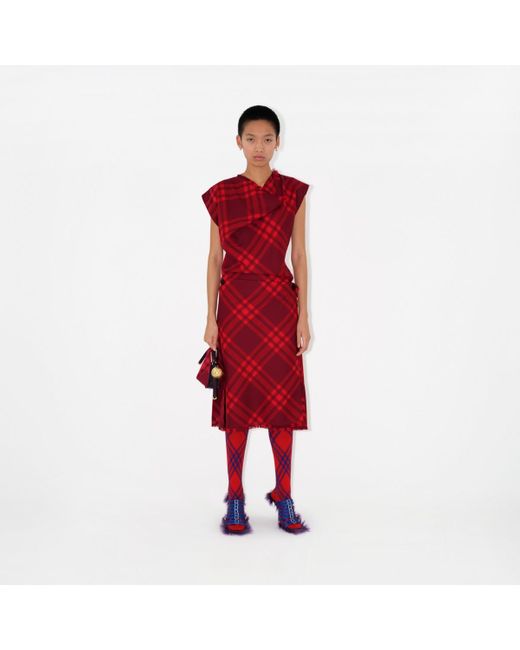 Burberry Check Cap sleeve Fringe edge Wrap Wool Dress in Red Lyst UK
