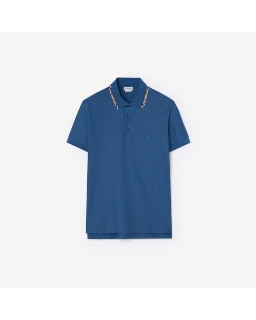 Burberry Blue Check Trim Cotton Polo Shirt for men