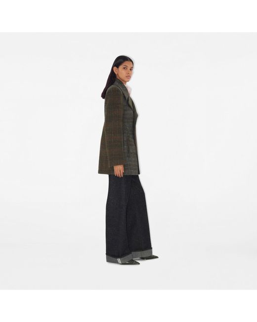 Burberry Gray Patchwork Check Wool Pea Coat