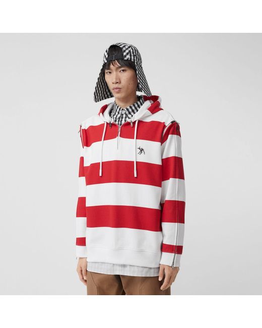 Burberry Red Zip Detail Striped Cotton Hoodie for men