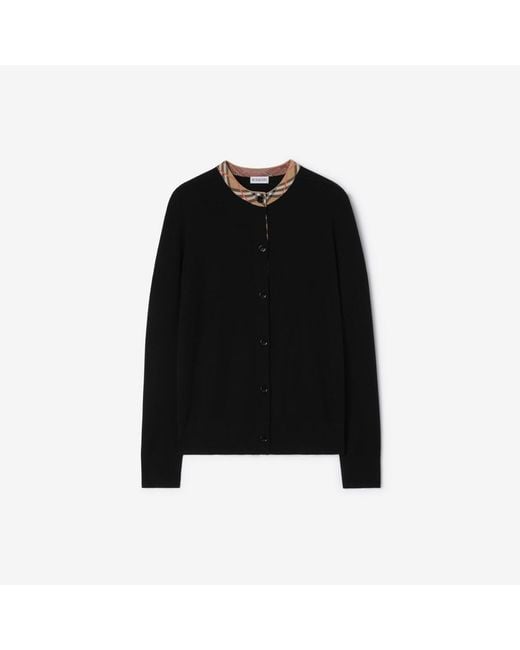 Burberry Black Check Trim Wool Cardigan