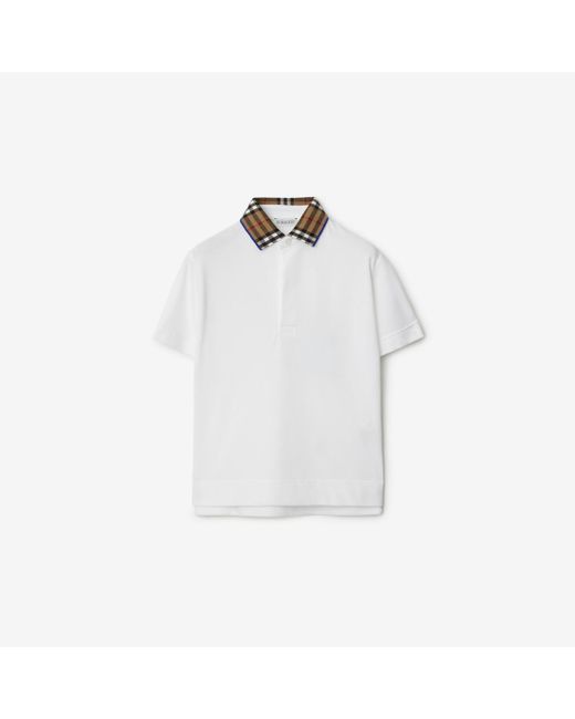 Burberry White Check Collar Cotton Polo Shirt for men