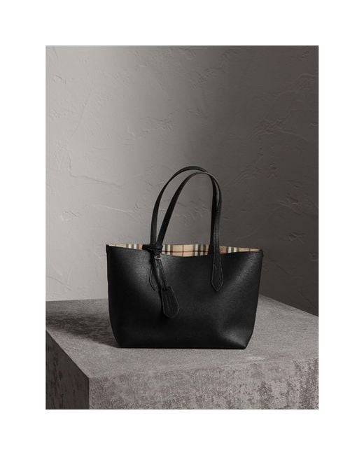 Burberry The Small Reversible Tote In Haymarket Check And Leather Black