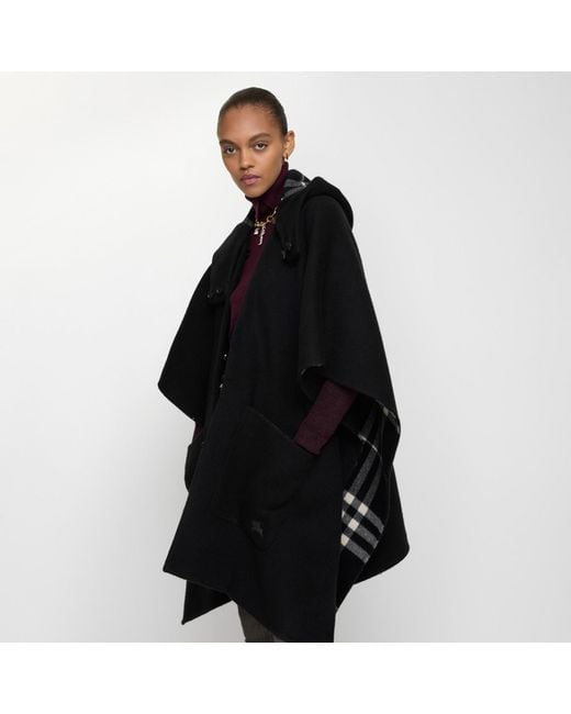 Burberry Black Reversible Shearling Trim Check Cashmere Cape