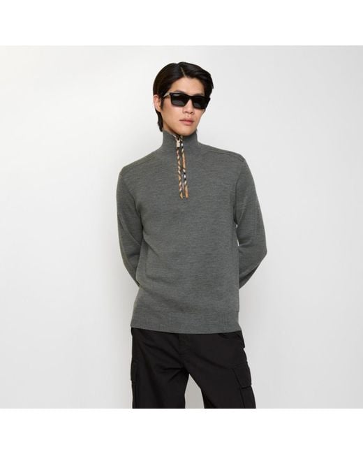 Burberry Gray Check Trim Wool Half-Zip Sweater for men