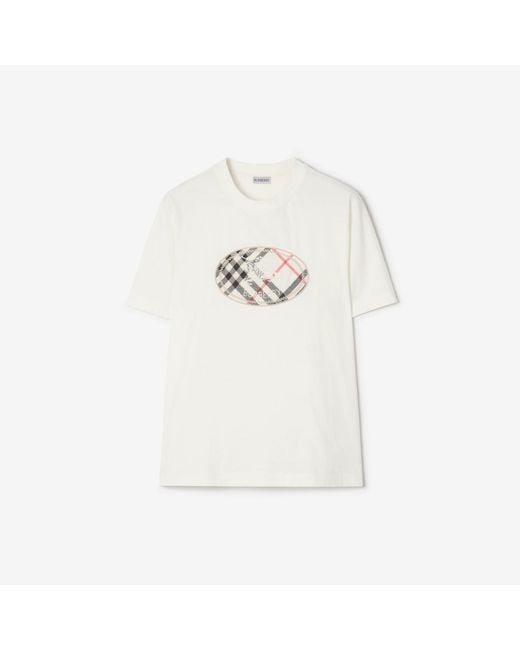 Burberry White Check Knight Stamp Cotton T-Shirt for men