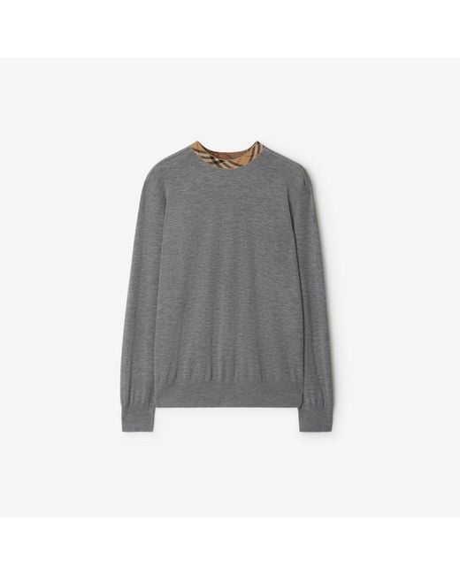 Burberry Gray Check Trim Wool Sweater for men