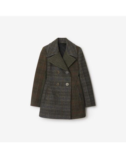 Burberry Gray Patchwork Check Wool Pea Coat