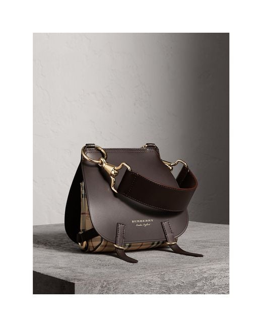 Burberry The Bridle Bag In Leather And Haymarket Check Dark Clove Brown