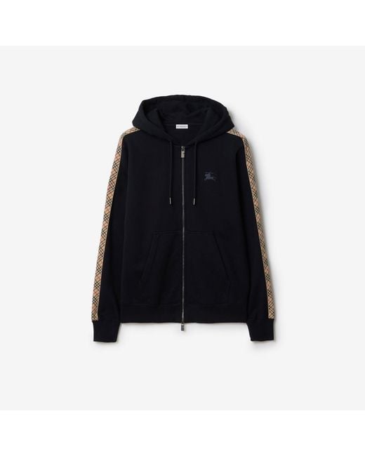 Burberry Black Check Trim Cotton Zip Hoodie for men