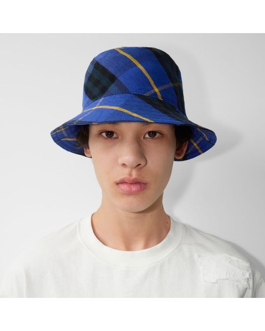 Burberry Blue Check Linen Bucket Hat for men