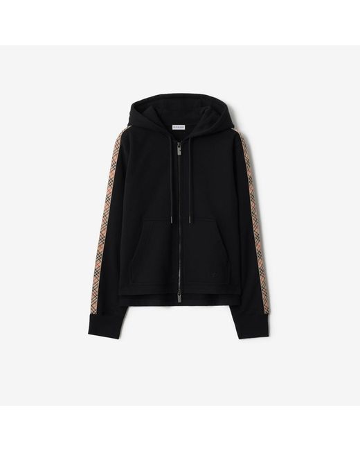 Burberry Black Check Trim Cotton Zip Hoodie
