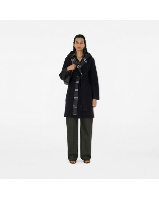 Burberry Black Reversible Wool Hooded Wrap Coat