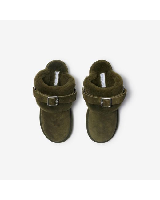 Burberry Green Suede And Shearling Chubby Mules