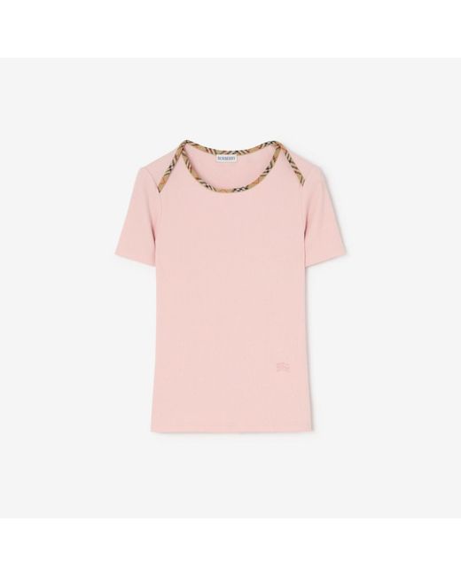 Burberry Pink Check Trim Stretch Cotton T-Shirt