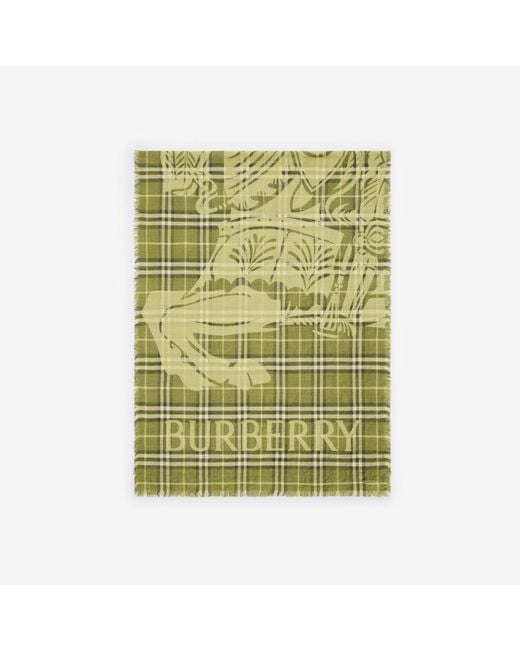 Burberry Green Wide Knight Check Wool Silk Scarf