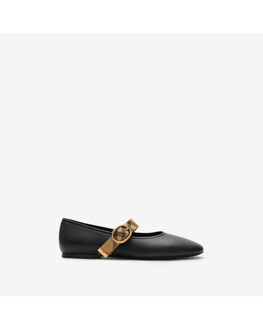 Burberry Black Check Strap Leather Robin Ballerinas