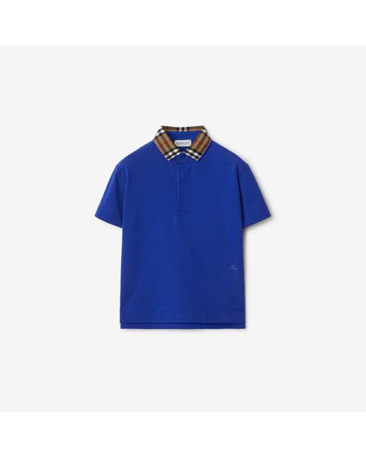Burberry Blue Check Collar Cotton Polo Shirt for men