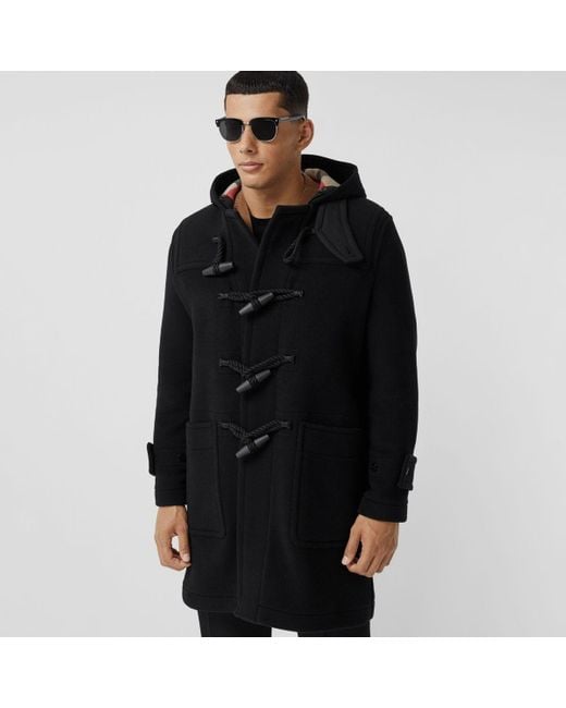Burberry Check-lined Technical Wool Duffle Coat in Black for Men | Lyst