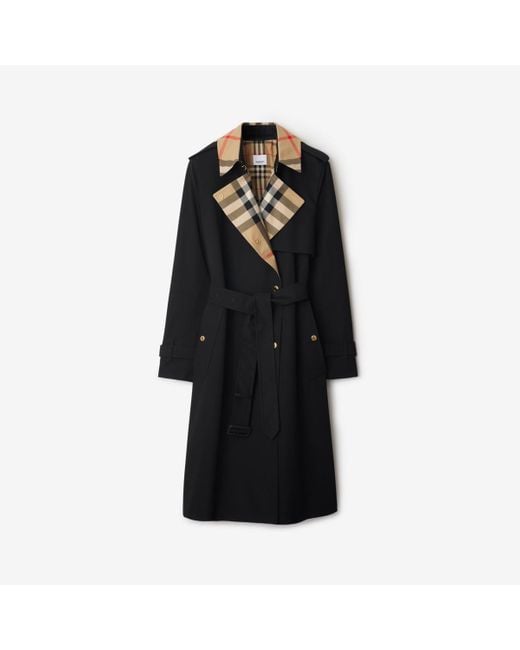 Burberry Black Long Check Collar Gabardine Trench Coat