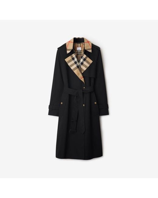 Burberry Black Long Check Collar Gabardine Trench Coat