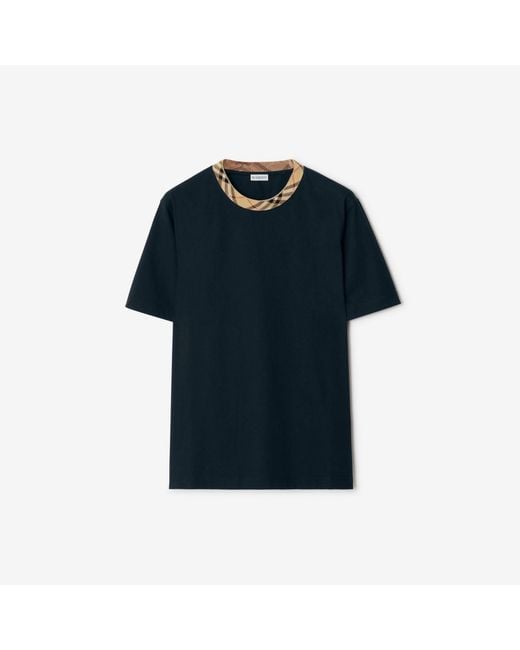 Burberry Blue Check Trim Cotton T-Shirt for men
