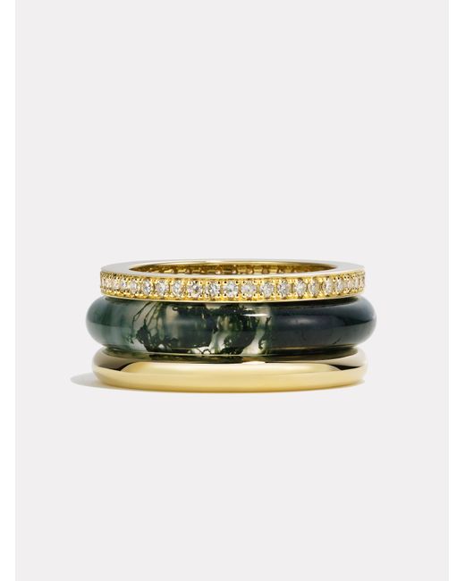 BY PARIAH White Slim Classic Ring Stack Moss Agate
