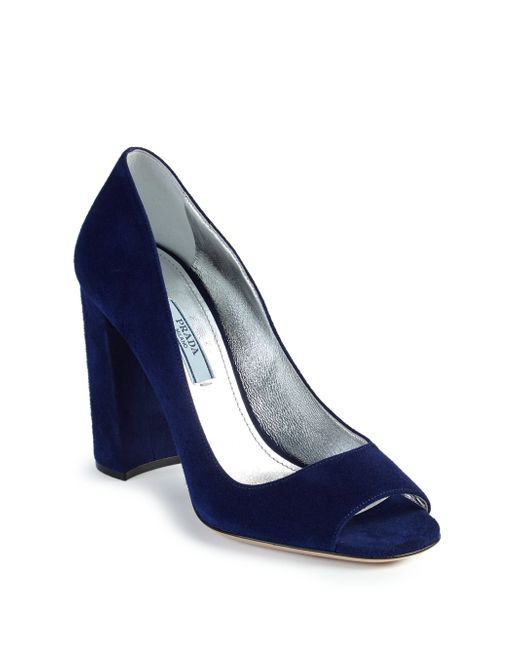 blue suede peep toe pumps