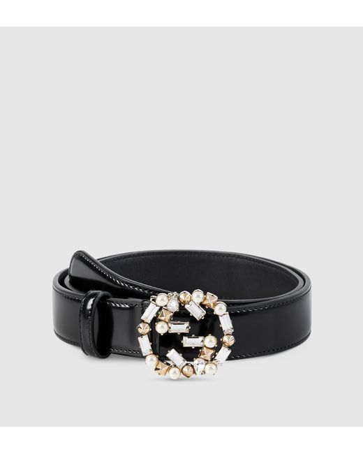 Gucci White Leather Belt With Pearl And Crystal Interlocking G Buckle