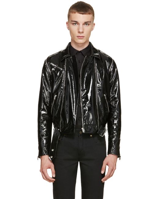 Saint Laurent Black Patent Leather Biker Jacket for men