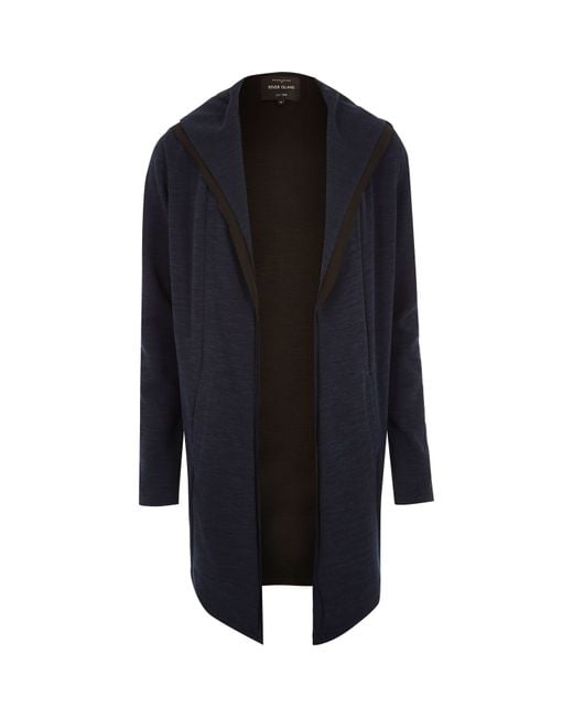 River Island Blue Navy Longline Waterfall Hooded Cardigan for men