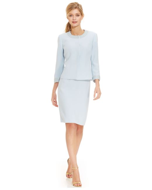 Tahari Blue Petite Pearl-trim Snap-front Skirt Suit