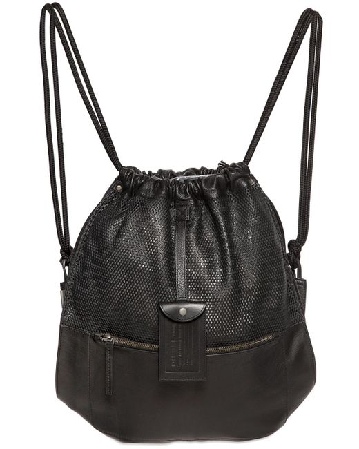 DIESEL Black Leather Drawstring Backpack for men