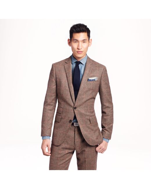 J.Crew Brown Ludlow Suit Jacket with Double Vent in Glen Plaid English Wool for men