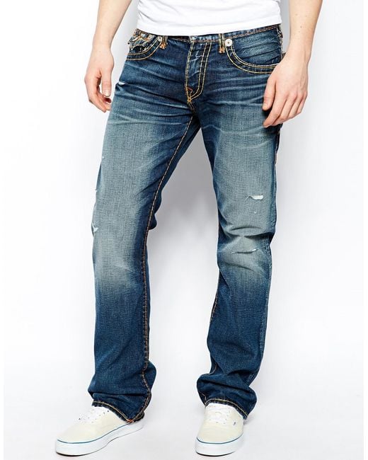True Religion Blue Jeans Ricky Super T Straight Fit Flap Pocket Hot Springs Wash for men